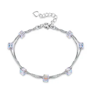 Silver Подлинная кубические кристаллы от Swarovski браслет с 925 пробы серебро двойная цепь для женщин простой дизайн интимные аксессуары ЮВЕ - Цвет камня: Silver
