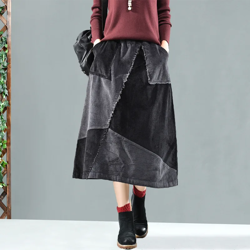 

Женские вельветовые юбки, зимние длинные юбки с карманом, украшенные тесьмой