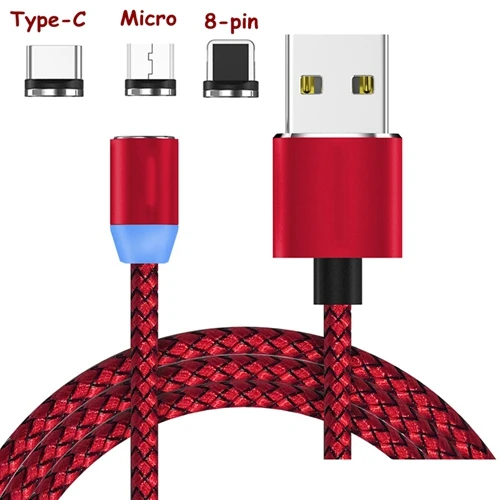 Cable-3plugs-Red Новые 3 в 1 Многофункциональный магнитный кабель для зарядки телефона Тип-C эффектом приближения C зарядкой Micro-USB 8-Pin Супер Магнитная Адсорбция w/светодиодный - Цвет: Cable-3plugs-Red