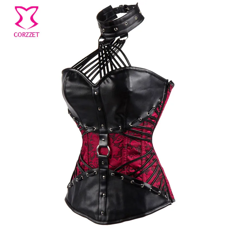 Женский Готический корсет из Красной парчи и черной кожи на бретельках