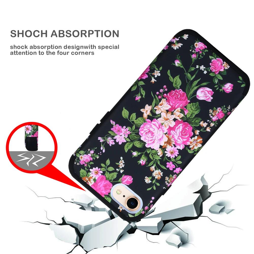 For iPhone 7 8 Plus Shockproof Phone Cases 3 in 1 Heavy Duty Full-body Protective Cover for Flower Case |