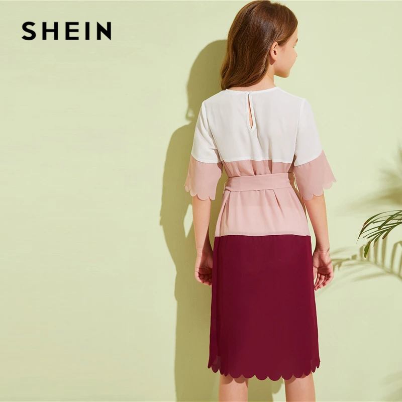 SHEIN/ г. Детское платье-туника для девочек с вырезами и швами; платье с поясом; Детские Летние Повседневные платья средней длины с коротким рукавом и цветными блоками
