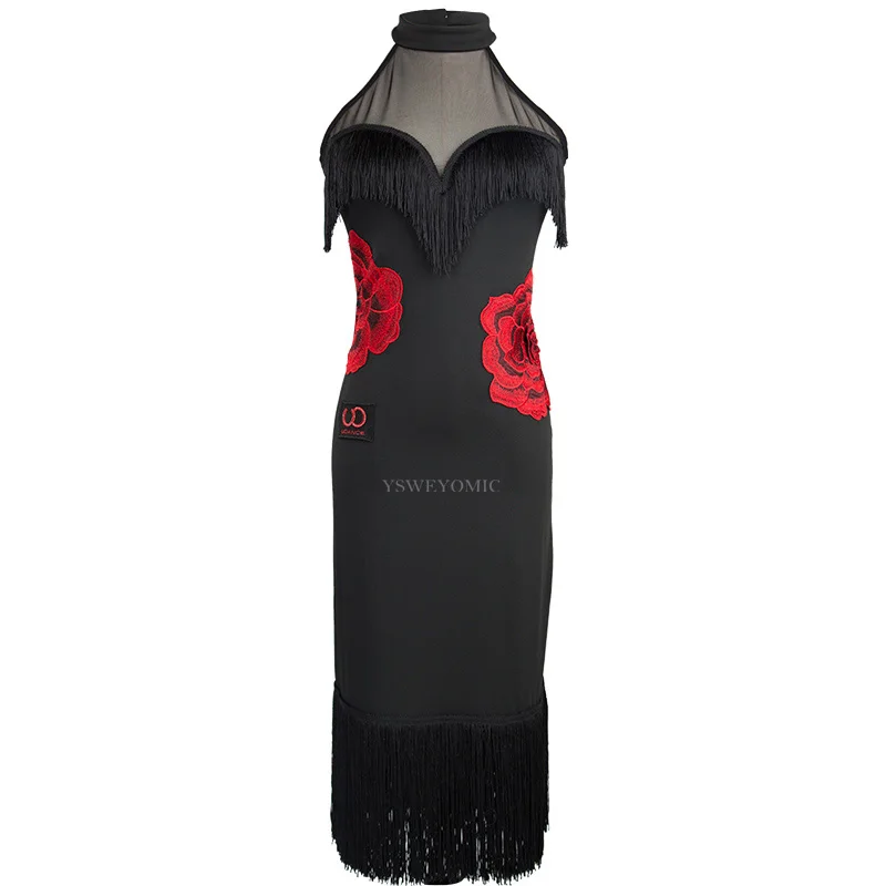 

Women Latin Dance Dress Competition Sexy Sleeveless Black White Fringe Salsa Bachata Latin Dress UA62