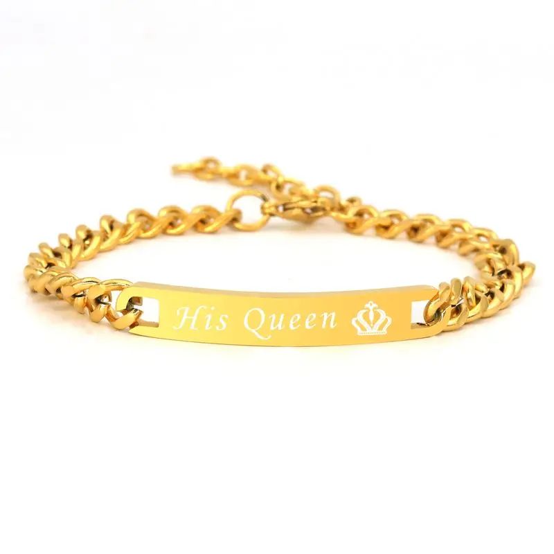 Gold Queen 1 piece Стразы, розовое золото, черная ручная Мужская цепочка из нержавеющей стали, Парные браслеты для женщин, подарок, бижутерия - Окраска металла: Gold Queen 1 piece