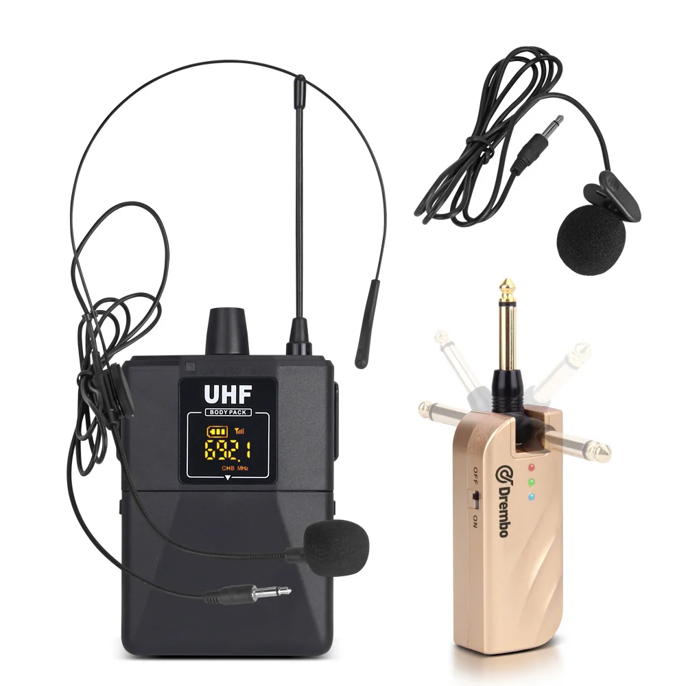 1Bodypack mic Drembo mini 2 канальный переносной беспроводной микрофон с ручным или петличный и гарнитура микрофон UHF Регулируемая частота для караоке - Цвет: 1Bodypack mic