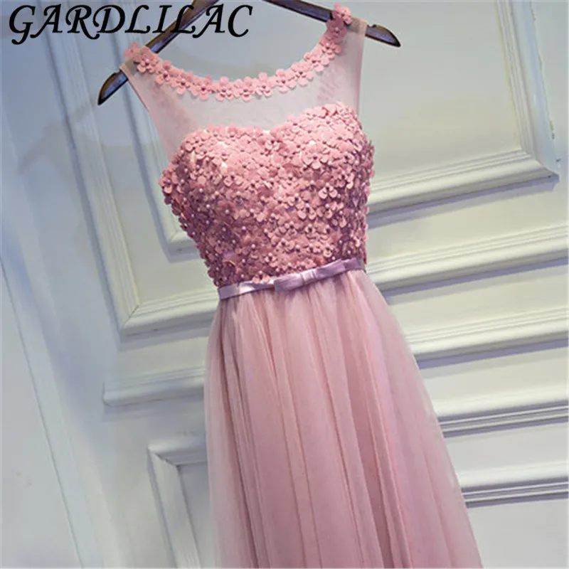 Gardlilac 2021 Тюлевая аппликация вышивка бисером розовое длинное платье подружки - Фото №1