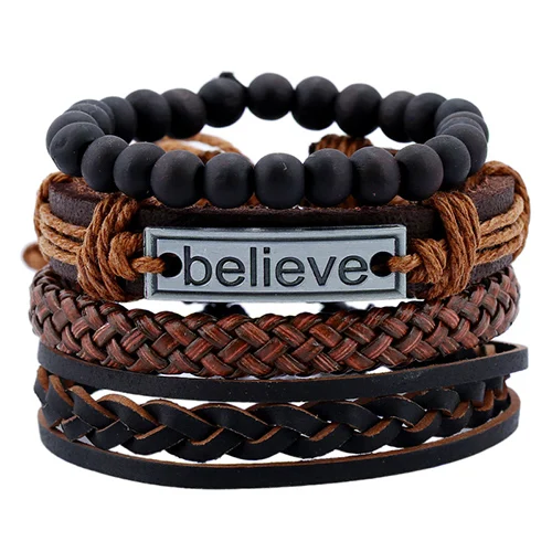 believe 4 шт., винтажный многослойный, из полиуретановой кожи, браслеты для мужчин, Браслет-манжета, браслет с бусинами и черепом, мужские браслеты, распродажа - Окраска металла: believe
