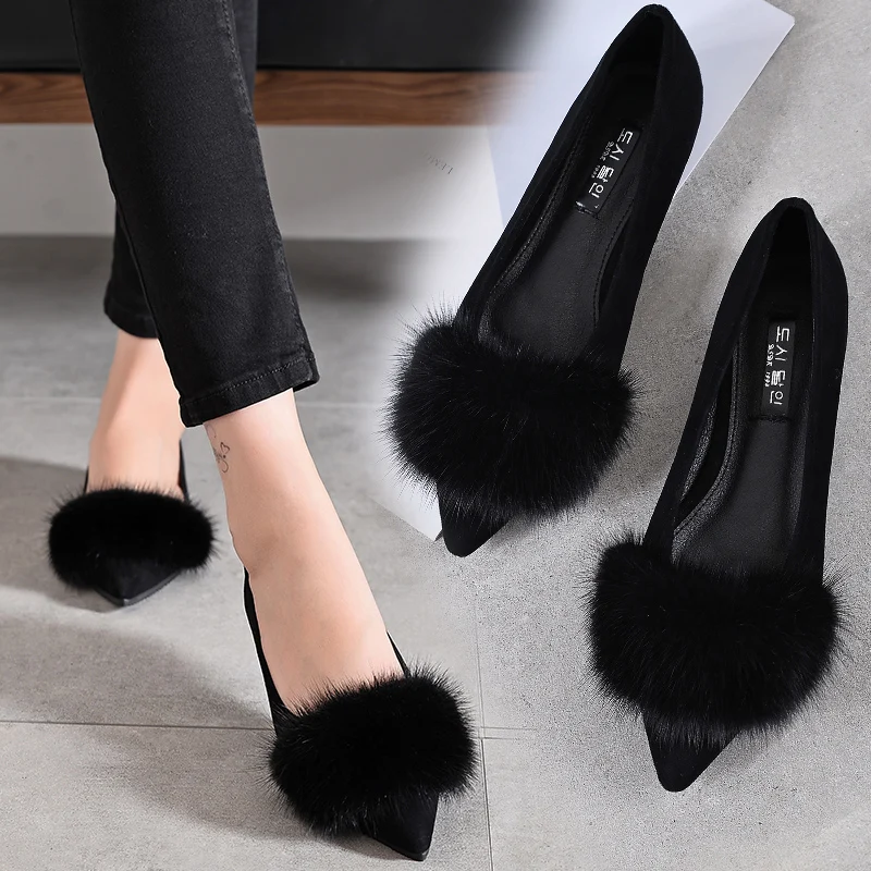 Luxury designer mink hair pointed toe creepers flats shoes high quality flock ballet flats women cozy moccasins big size 34-41