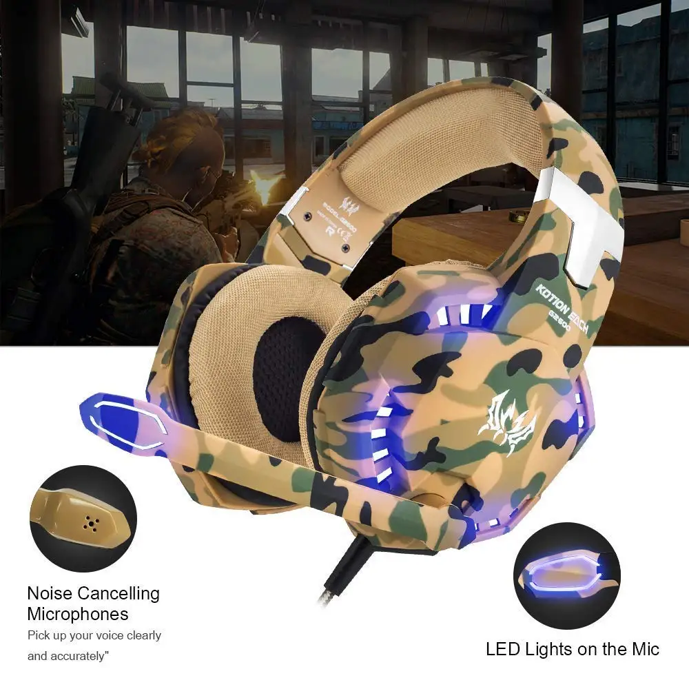 KOTION EACH G2600 камуфляжная стерео игровая гарнитура наушники с шумоподавлением с микрофоном светодиодный светильник для PS4/PC/Xbox One/iPad