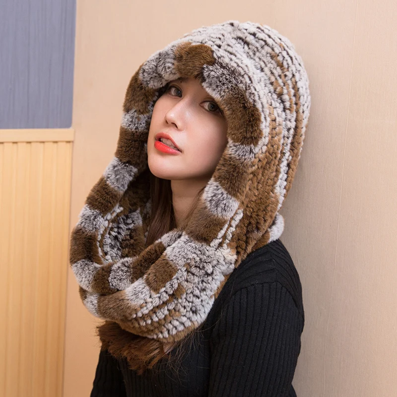 9 ZDFURS* Женская настоящая вязаная шапка из меха кролика Рекс шарф с капюшоном Длинная зимняя теплая меховая шапка с шейным воротником шарфы - Цвет: 9