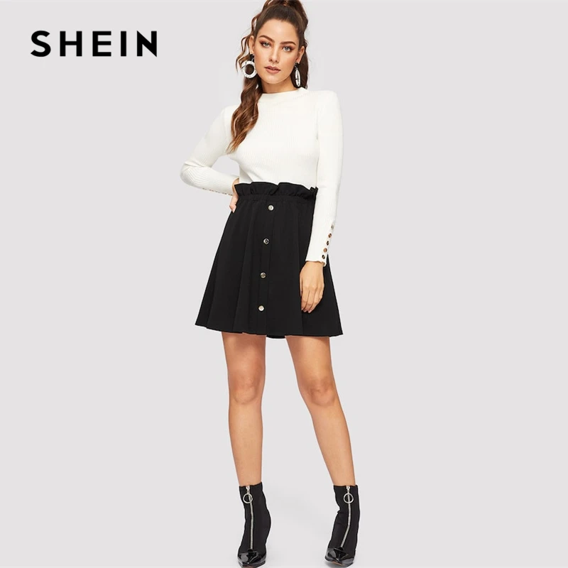 SHEIN черного цвета с поясом-оборкой гофрированное, с пуговицами спереди сдвиг юбка Повседневное Высокая Талия трапециевидной формы Для женщин юбки летние из искусственной кожи; обтягивающая юбка