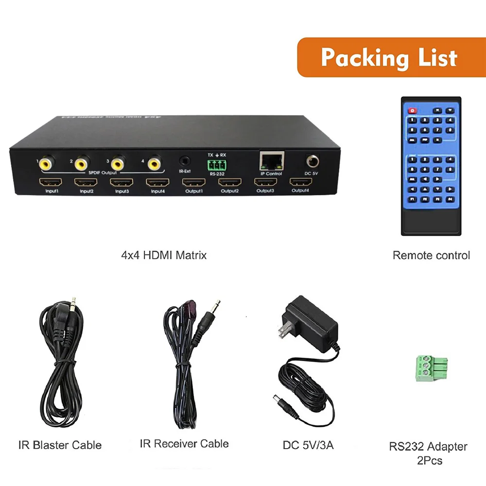 4 K 60 Гц 4X4 HDMI матрица 4х4 YUV4: 4: 4 18 Гбит/с поддерживает HDMI 2,0 HDCP 2,2 HDR EDID ИК-пульт дистанционного управления Управление RS232 Управление веб-интерфейс Управление
