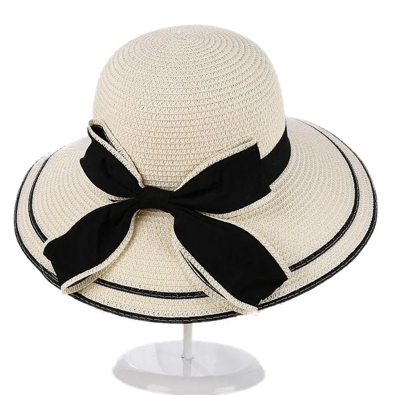 Шляпа SUOGRY Женская Солнцезащитная с большим черным бантом складная Соломенная