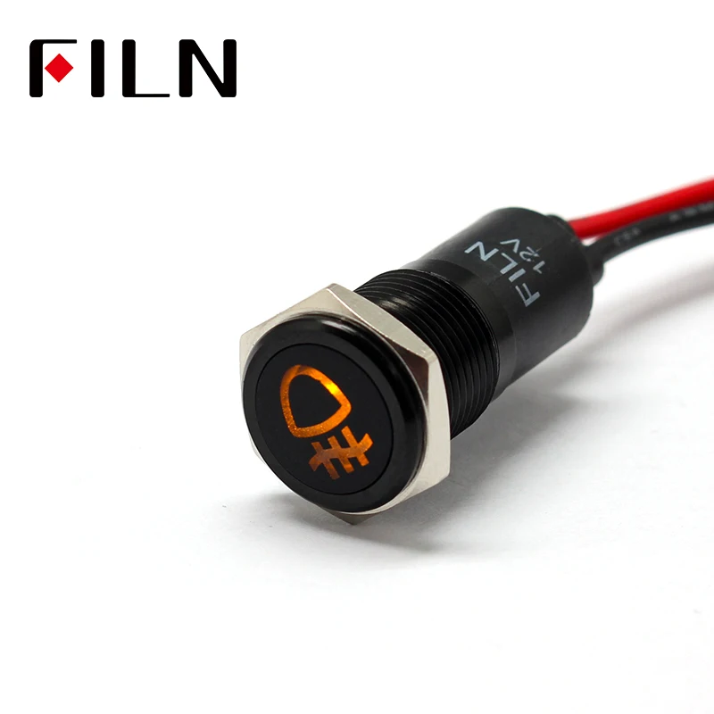 

FILN 14mm Car dashboard Fog symbol led red yellow white blue green 12v led Black shell indicator light with 20cm cable