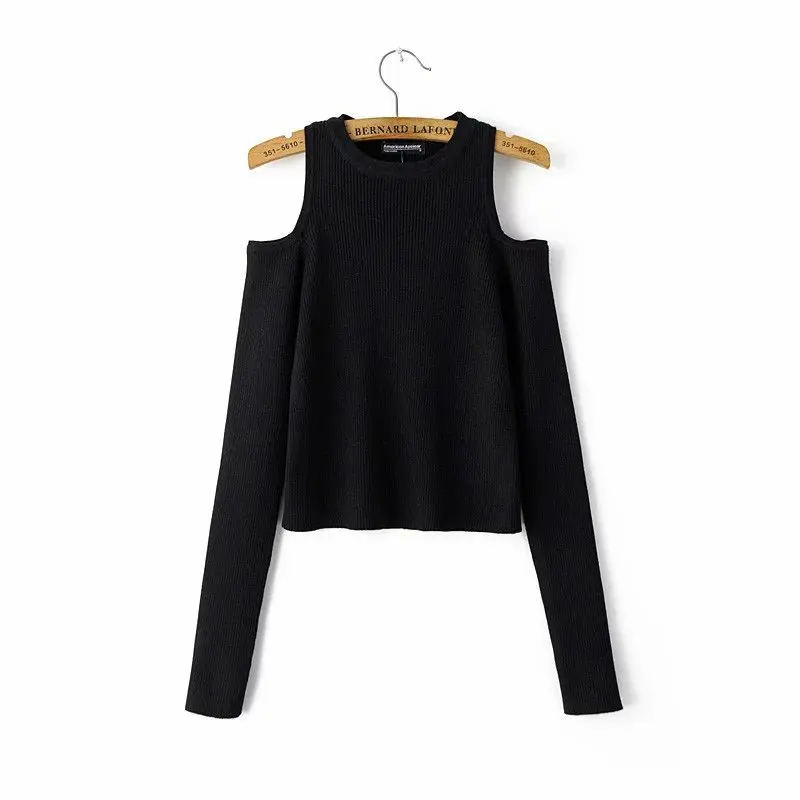 Black Autumn Winter Women Casual Sexy Off Shoulder Long Sleeve Knitted Sweater Solid Skinny Slim Sweaters O-Neck Pullovers - Color: Black