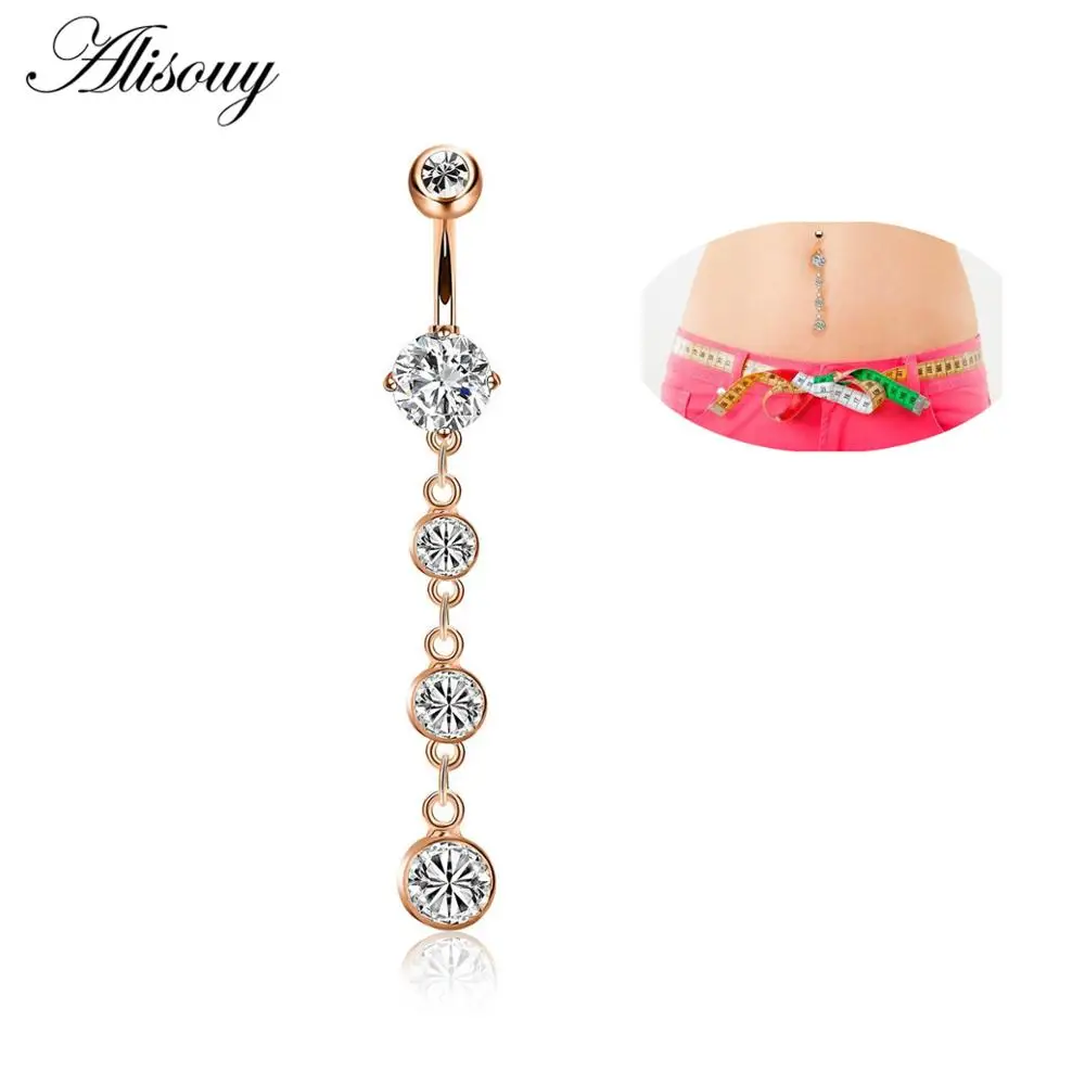 Rose Gold CZ Ball Alisouy 1 шт. пляжный сексуальный Золотой Прозрачный кристаллический Циркон болтающиеся Длинные Кольца для пупка для женского танца пирсинг украшения для тела - Окраска металла: Rose Gold CZ Ball