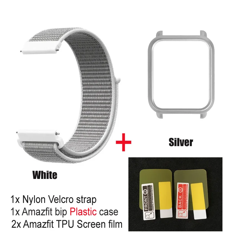 white-silver pc case 4в1 нейлоновый ремешок для Amazfit ремешок Bip Xiaomi Huami Amazfit Bip браслет ремешок для часов нейлоновая петля наручный ремешок чехол Защитная пленка - Цвет: white-silver pc case