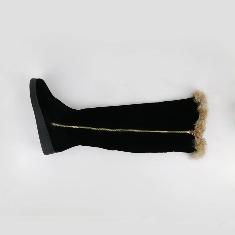 Сапоги annymoli/женские облегающие высокие сапоги Зимние ботфорты с натуральным кроличьим мехом обувь на плоской подошве с круглым носком на молнии черный цвет, большие размеры 42, 43