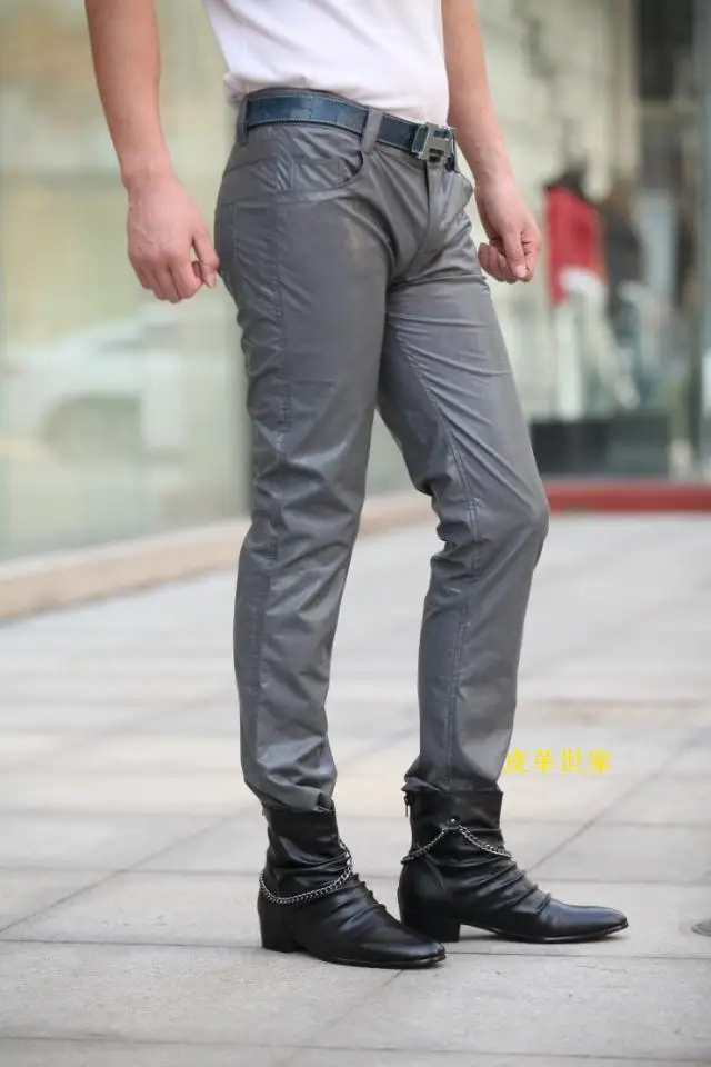 29-39 ! Men's New Casual Clothing Slim Smoky Grey Slim Leather Pants Plus Size Trousers Singer Costumes