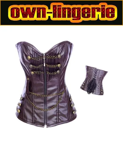 

brown corset with chain front zipper real leather lingerie sexy corset steam punk leather corset w3306