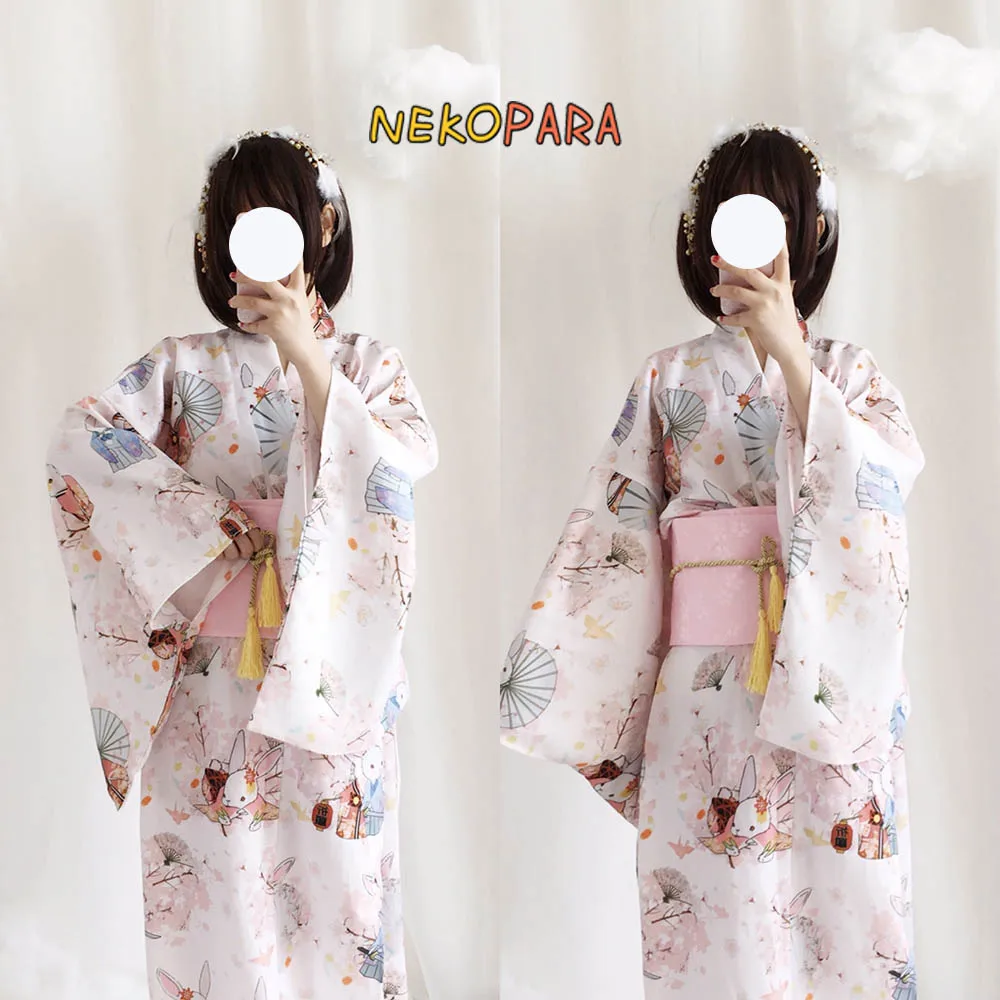 

Peach Blossom Wish Rabbit Yukata Set Cute Summer Bathrobe Cosplay with Waist Belt,Waist Bow Colors Pink/Red/Blue