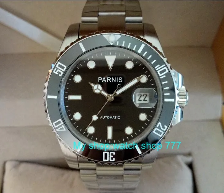 

40mm PARNIS Black dial 21 jewels Automatic Self-Wind movement Auto Date Sapphire crystal luminous men's watches ca