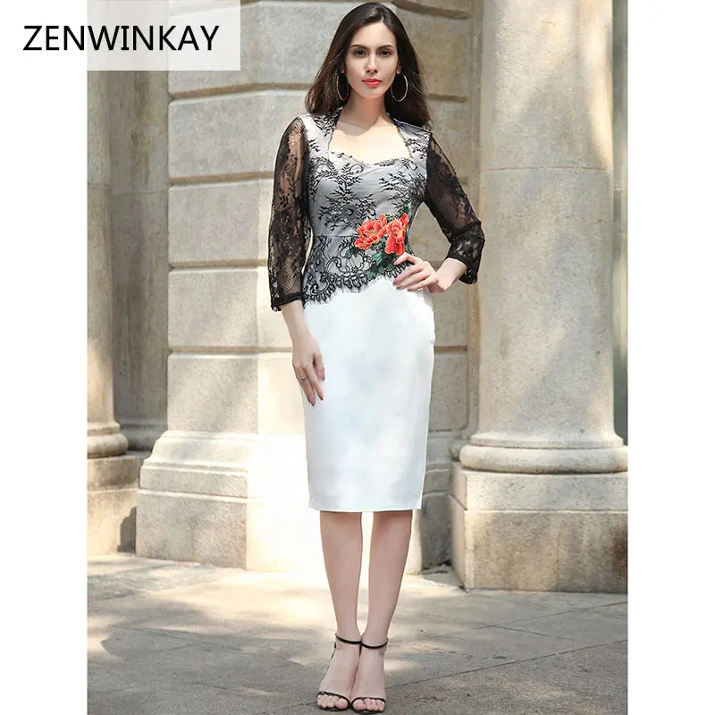 2017 женщины карандаш slim dress женская кружева midi платья женщин половина рукава o шеи
