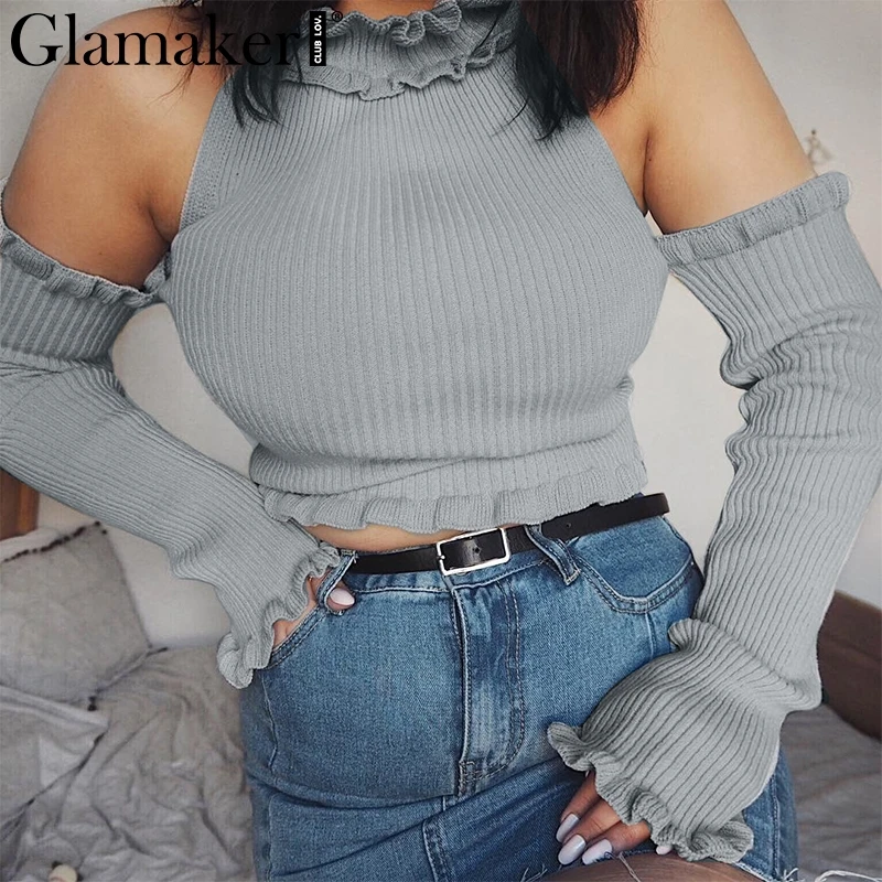 Glamaker Ruffle cold shoulder turtleneck sexy sweater Women halter long sleeve pullover Knitted backless summer party jumper | Женская