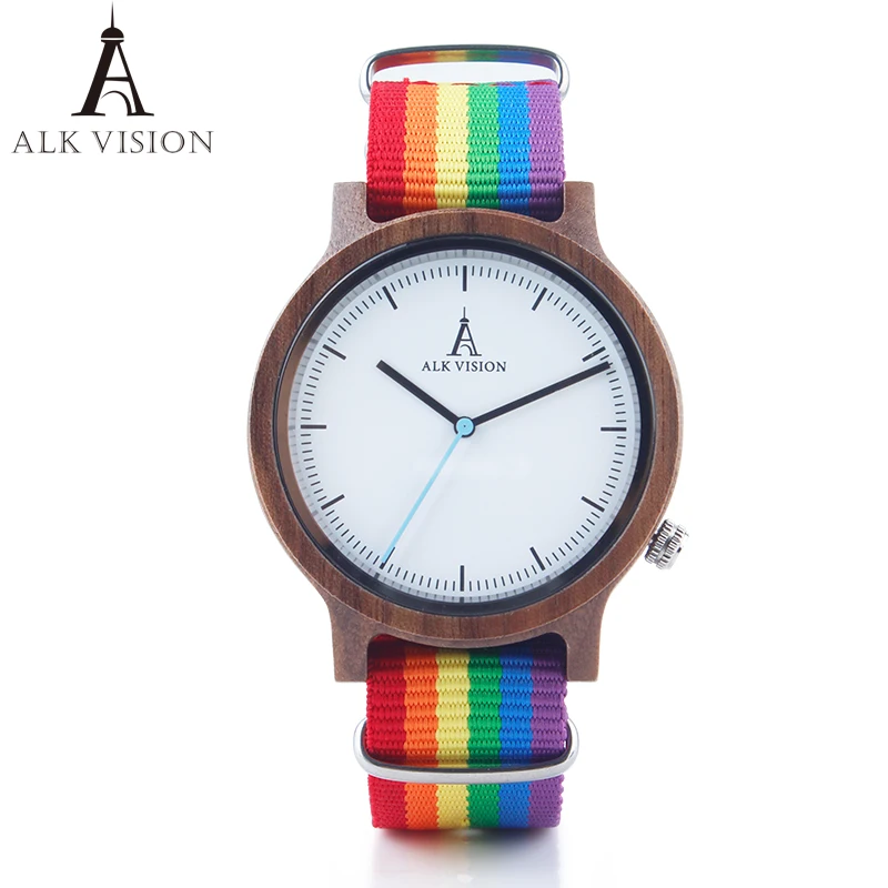 ALK Vision Wood Watches Top Pride Rainbow Watch Luxury Brand Women Mens Wooden Clock Nylon Canvas Fashion Casual Wristwatch fashion eco friendly red sandal wood health watches uwood brand wooden watch japan quartz wristwatch for mens women lover best g