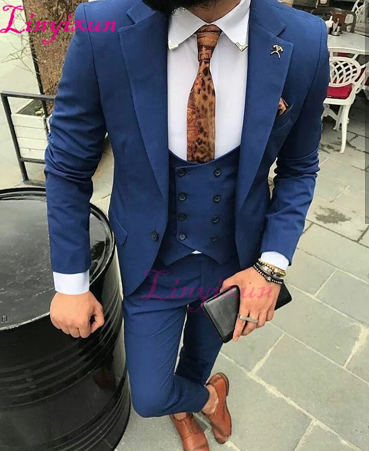 

Linyixun 2018 new men suits 3PCS Navy Blue Men Suits Slim Fit Groom Tux Wedding Formal Custom wedding suits for men double breas