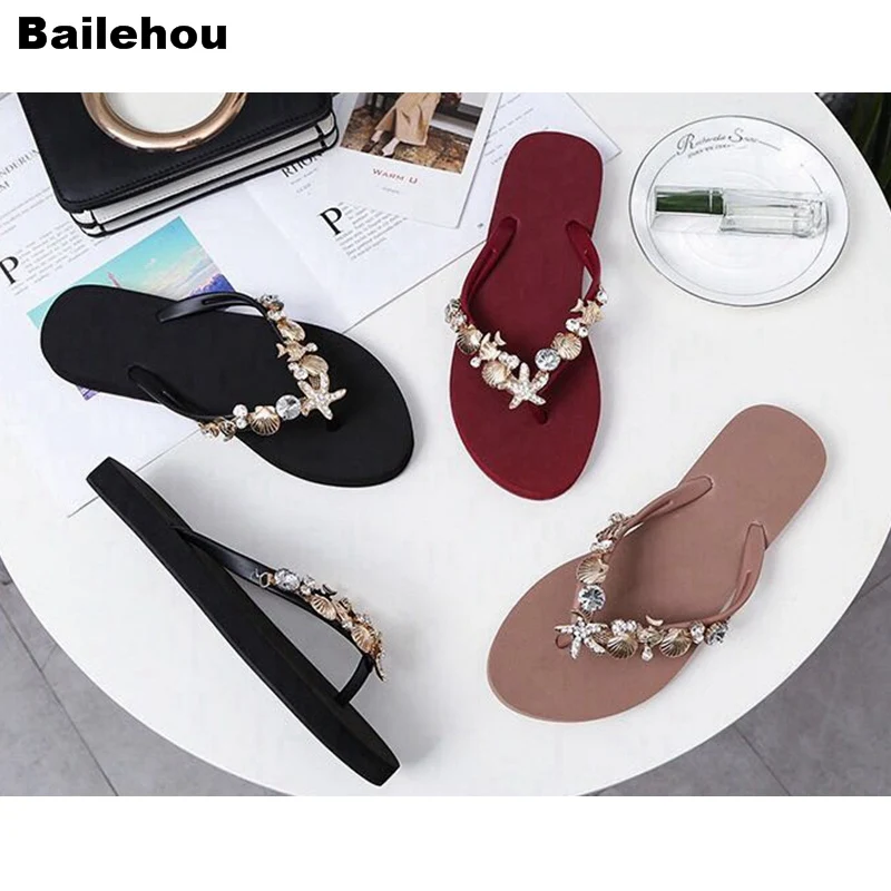 

Bailehou Women Beach Slippers Rhinestone Crystal Flip Flops Home Outside Slipper Women Flat Sandals Slip On Slides Non-Slip Shoe