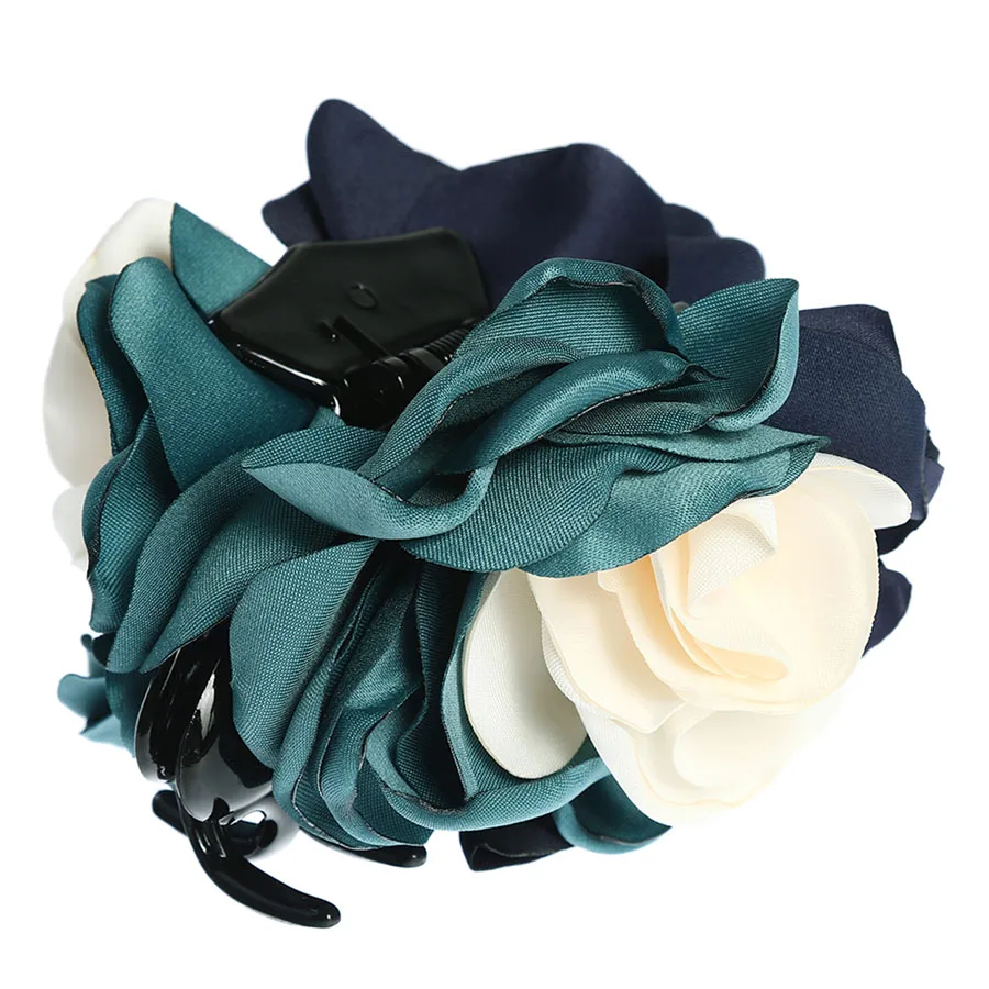 Navy Green beige Haimeikang Новые Цветочные заколки для волос, большие тканевые пластиковые заколки для волос с цветами для женщин и девочек, аксессуары для волос с хвостиком - Цвет: Navy Green beige