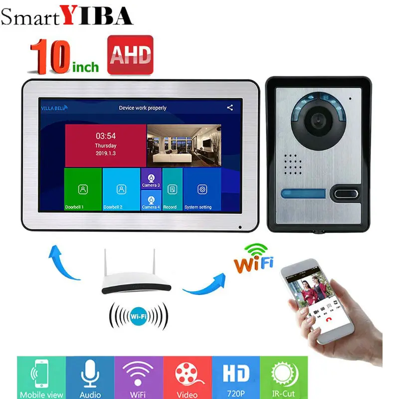 1006BFA11 SmartYIBA 10 дюймов проводной/Wifi смарт-видео-звонок Дверной домофон Системы, 1 xTouch Экран для контроля уровня сахара в крови с 2x720 P проводной дверная камера телефон - Цвет: 1006BFA11