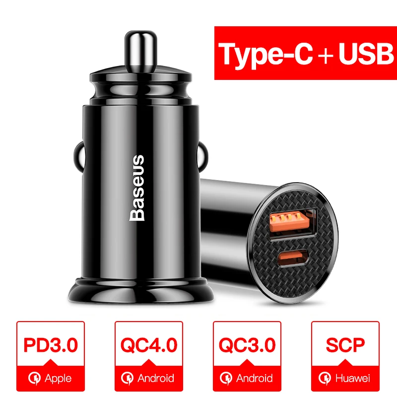 Type C USB Black Baseus Quick Charge 4,0 3,0 Автомобильное USB зарядное устройство QC4.0 QC 3,0 5A USB C PD быстрое автомобильное зарядное устройство для Xiaomi Mi 9 8 huawei P30 Pro - Тип штекера: Type C USB Black