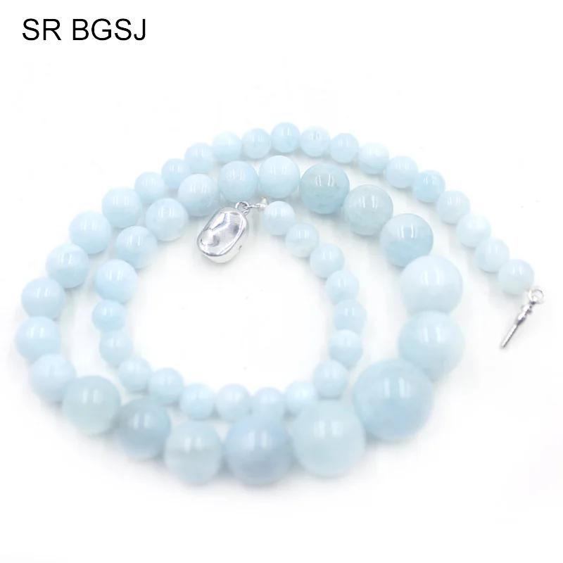 Free Shipping 6 14mm Gems Stone Beads Bohemia Women Aquamarines Necklace 18inch|stone necklace|necklace free shippingnecklace necklace |