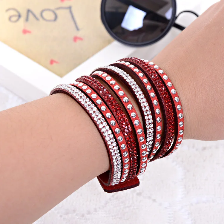 New Colorful 6 Rows Rhinestone Leather Wrap Wristband Cuff Punk Crystal Bracelets Bangle | Украшения и аксессуары