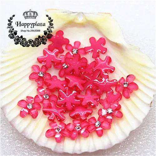 hot pink 100pcs 100pcs 10mm Glitter Rhinestone Resin Five-Petal Little Flowers Resin Flatback Cabochon DIY Jewelry/Phone Decoration - Цвет: hot pink 100pcs