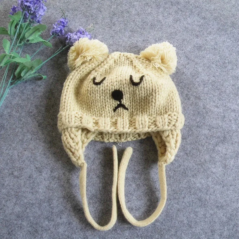 Beige Bear Новинка года, вязаная детская шапка с ушками, мультяшная ручная работа, детский чепчик, зимняя детская шапочка розового/белого/бежевого цвета для детей 5-18 месяцев - Цвет: Beige Bear