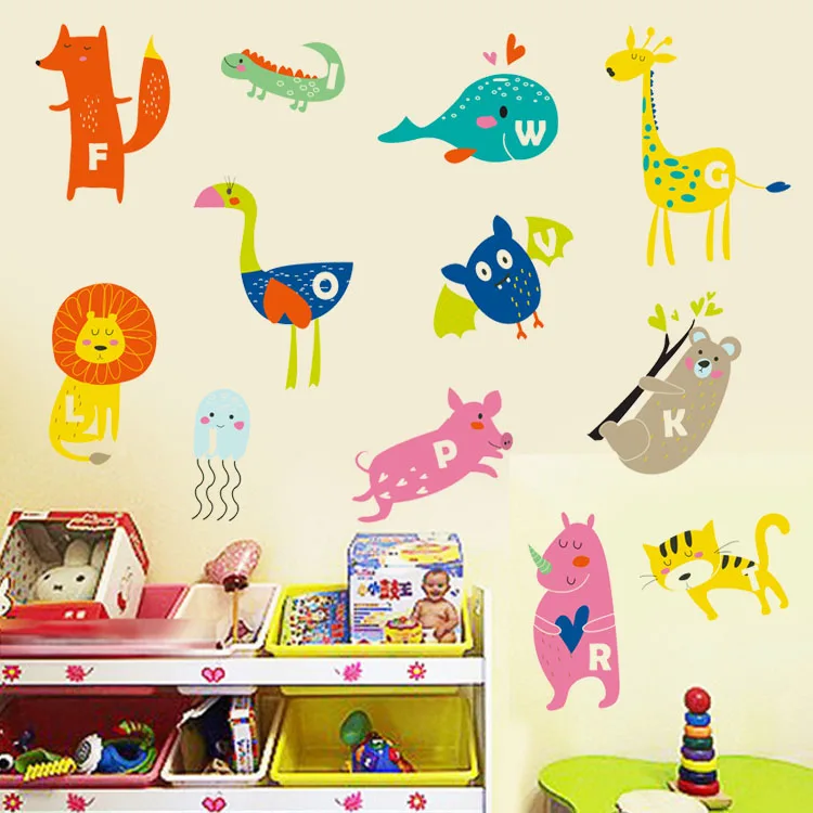 Наклейки на стену в виде животных с английским алфавитом декоративная роспись