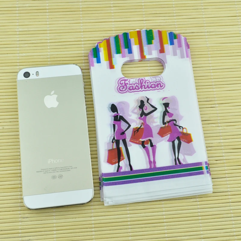 9*15cm 100pcs/lot small plastic bag colorful girls design jewelry packaging bags cute gift shopping with handle | Украшения и