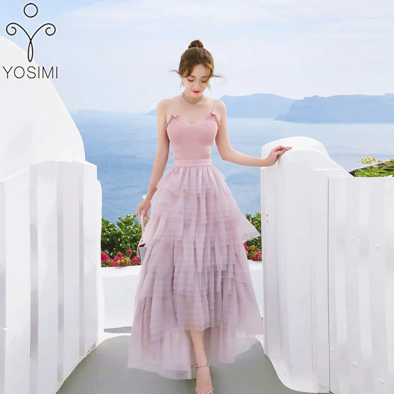 YOSIMI летнее винтажное бежевое Сетчатое и кружевное длинное женское платье с длинным рукавом и v-образным вырезом, вечерние платья до середины голени