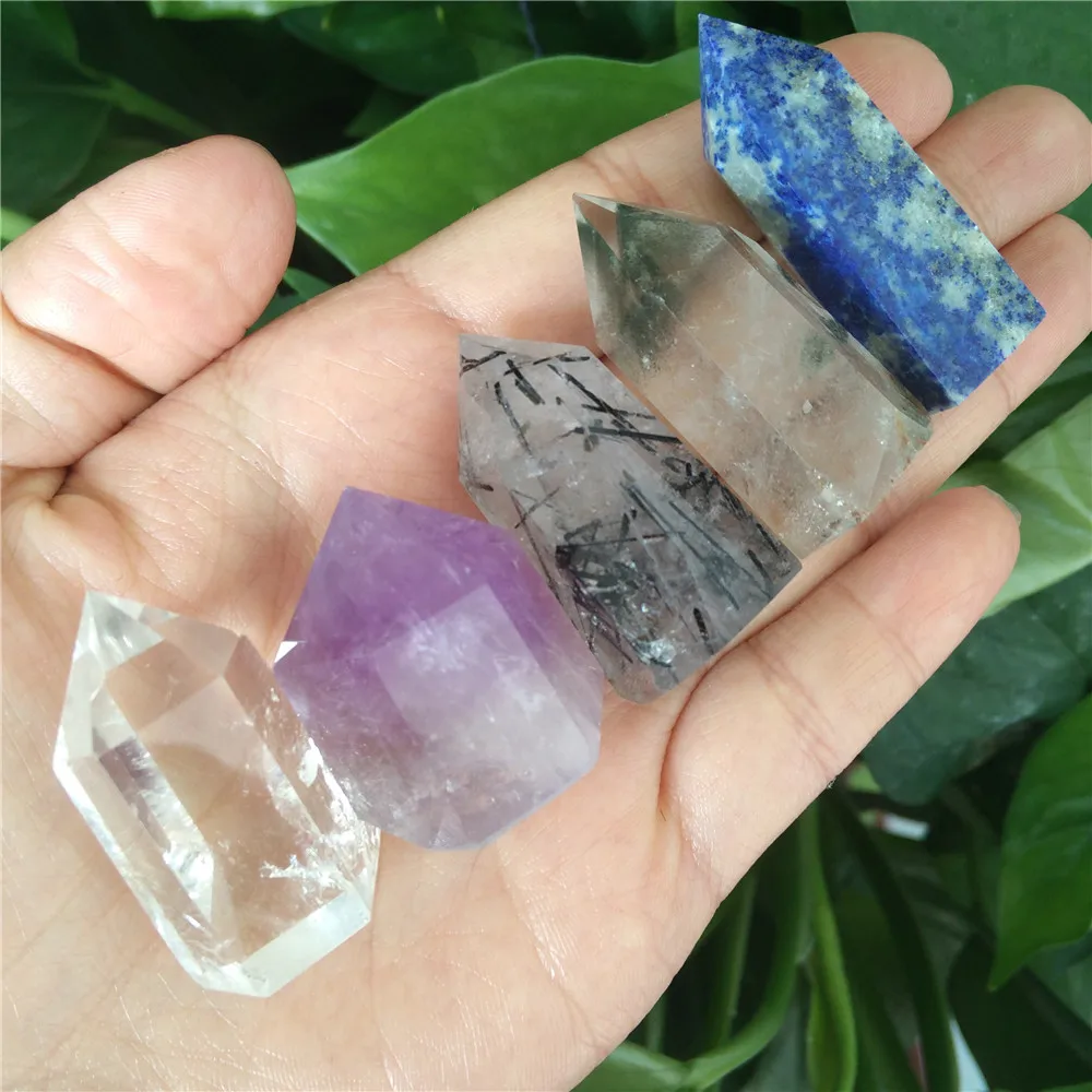 

5PCS Crystal Quartz Wand Collection Black Tourmaline Point Amethyst Crystal Point Healing Phantom Point Lapis Lazuli Point