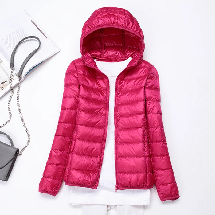 1 rose red Новинка, зимний женский ультра-светильник, 90% утиный пух, с капюшоном, dwon, куртка с длинным рукавом, теплая, тонкая, Женская куртка, пальто, большие размеры - Цвет: 1 rose red