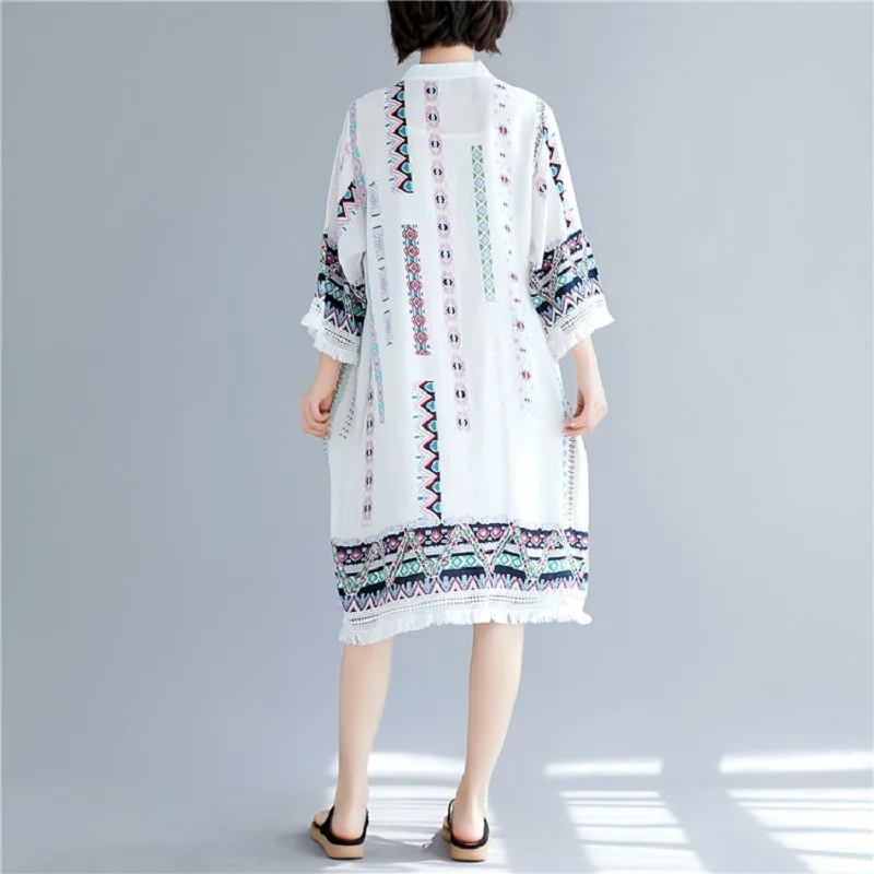 Женское платье рубашка из хлопка и льна в винтажном стиле с цветочным принтом