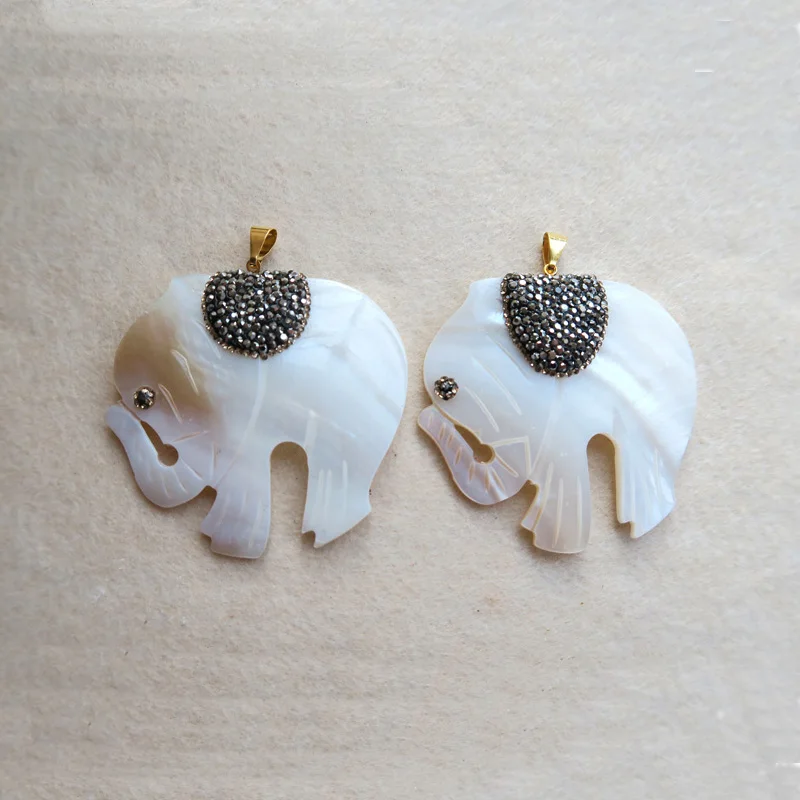 

5PCS Natural shell Animal elephant shape Pendant,Pave Rhinestone Crystal Caps,for charm necklace DIY making supplies PD25
