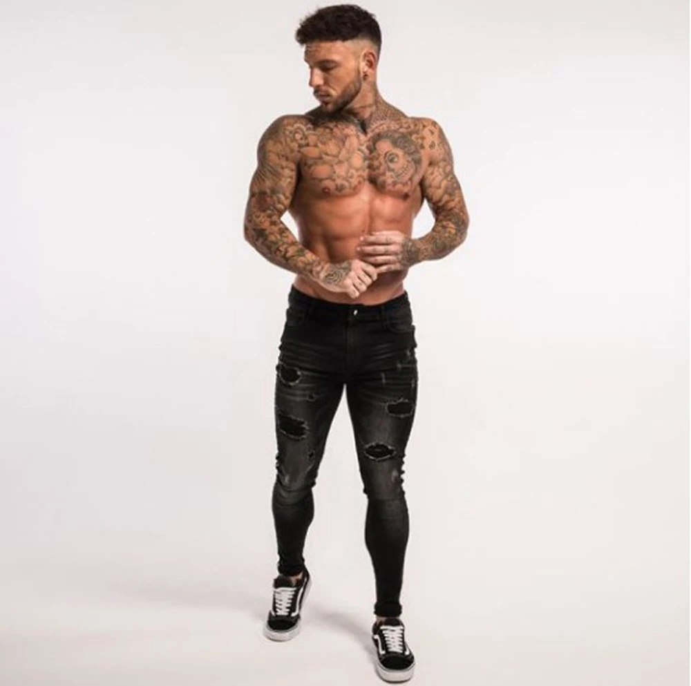 Skinny Jeans Men Ripped Black Side Stripe Stretch Slim Fit Elastic Biker Male Big Size Ankle Tight Guys | Мужская одежда