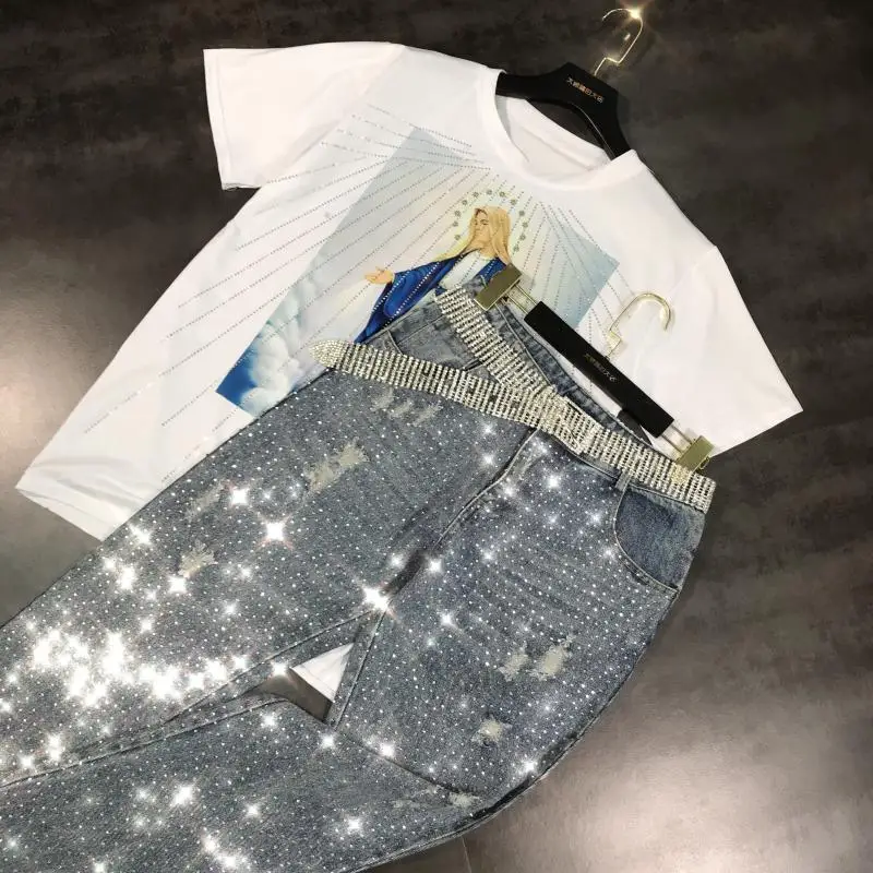 Новинка, летние рваные джинсы с яркими блестящими бриллиантами, женские синие джинсы с поясом