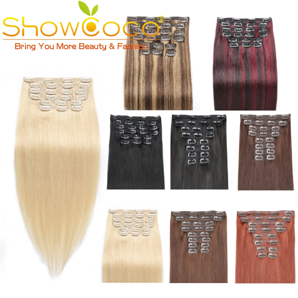 Showcoco человеческие прямые волосы remy на клипсах 10 шт. волосы для наращивания на всю голову 16-24 дюйма
