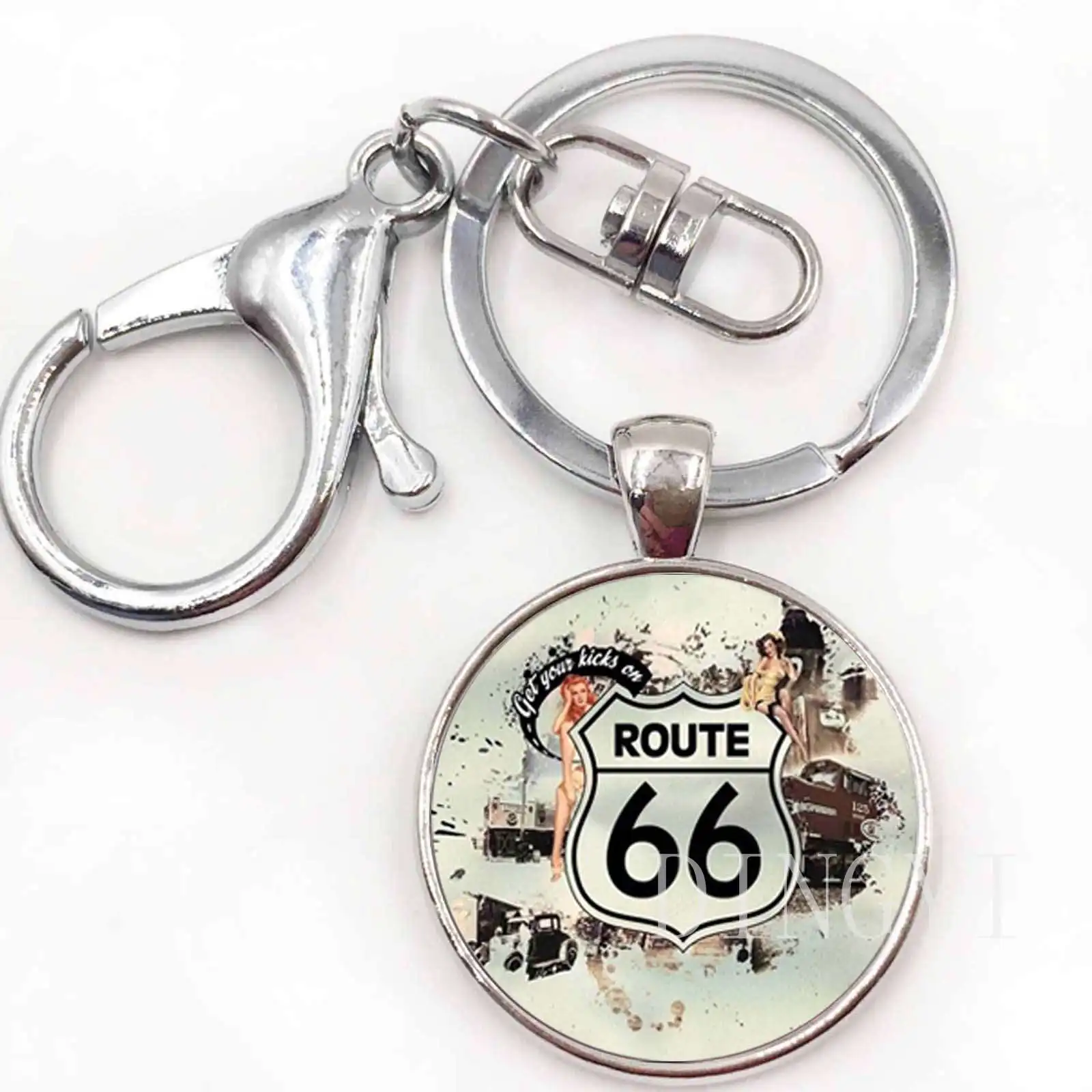 11 Route US 66 брелок стеклянные купольные украшения Серебро старинный Route 66 США кулон женские мужские брелки круглый ключ цепи в подарок - Цвет: 11