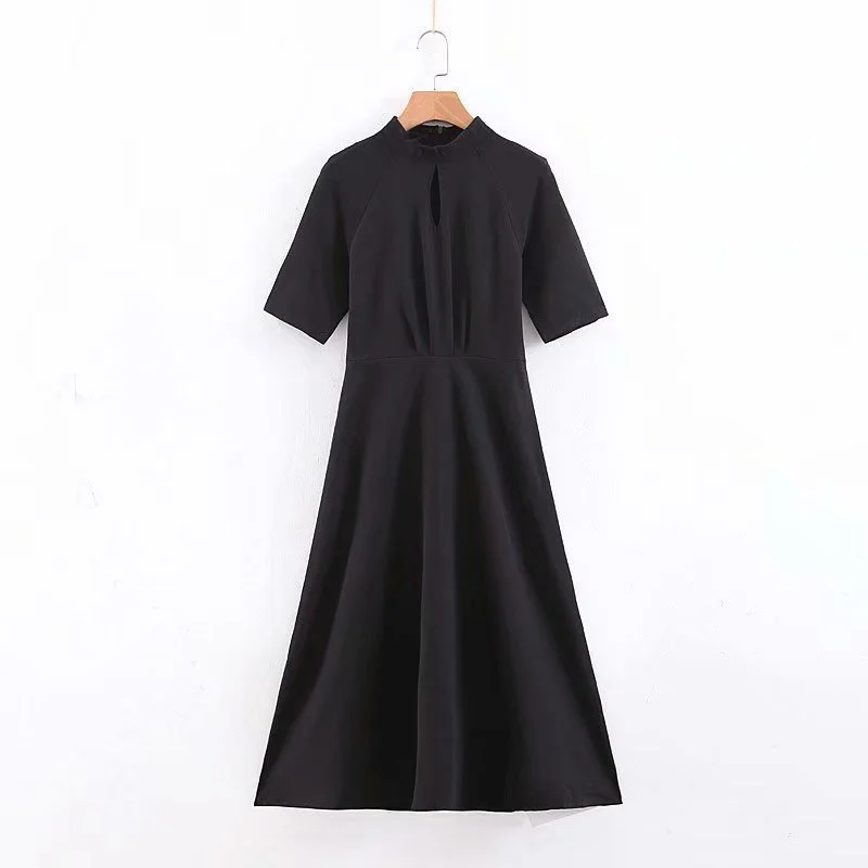 Весна Лето короткий рукав с высокой талией стоячий воротник черные однотонные